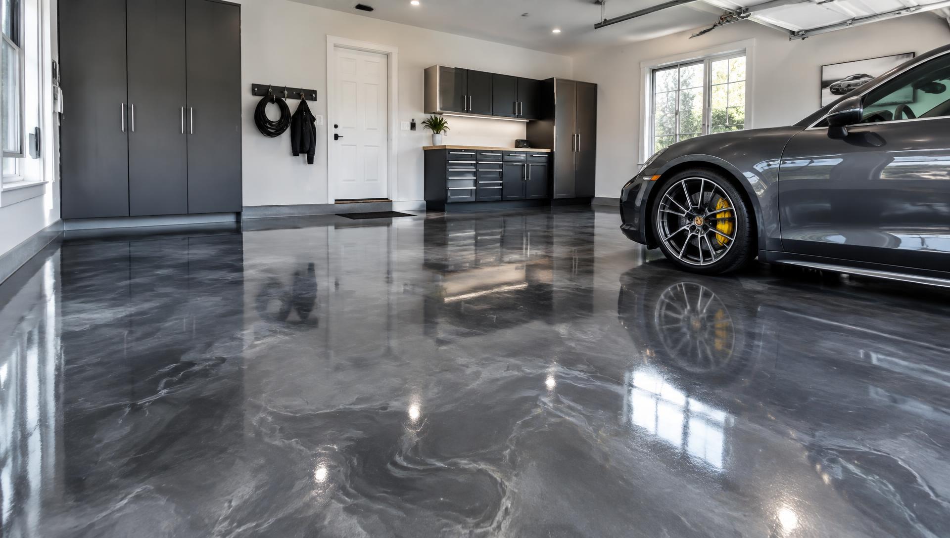 Glossy metallic epoxy garage floor with a luxury car